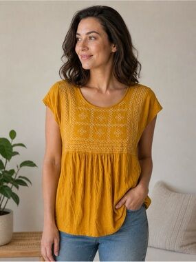 Ella Moss Golden Mustard Embroidered Peasant Blouse